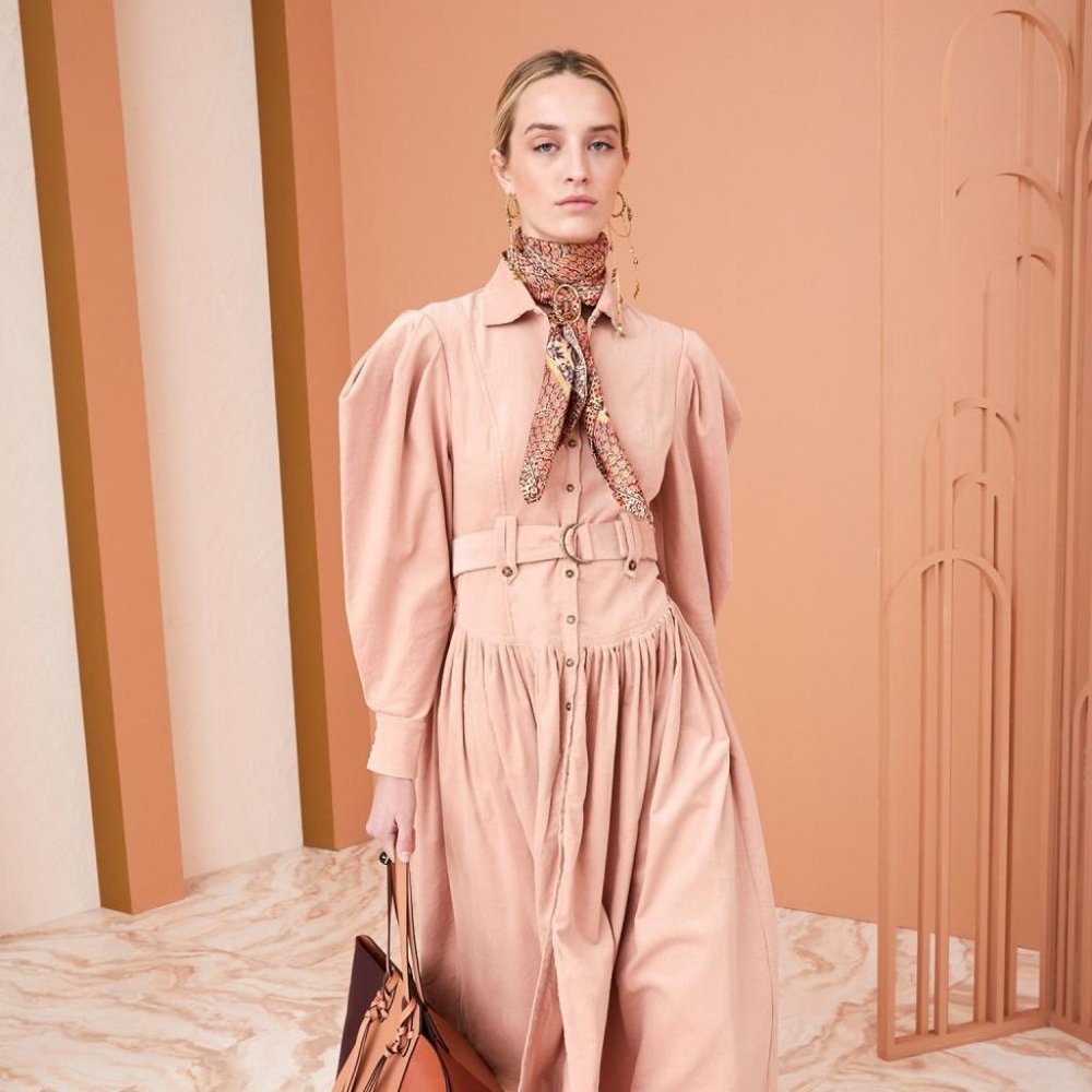 Ulla Johnson Lucinda belted midi Dress 6, Pale Oak velvet corduroy, puff sleeves